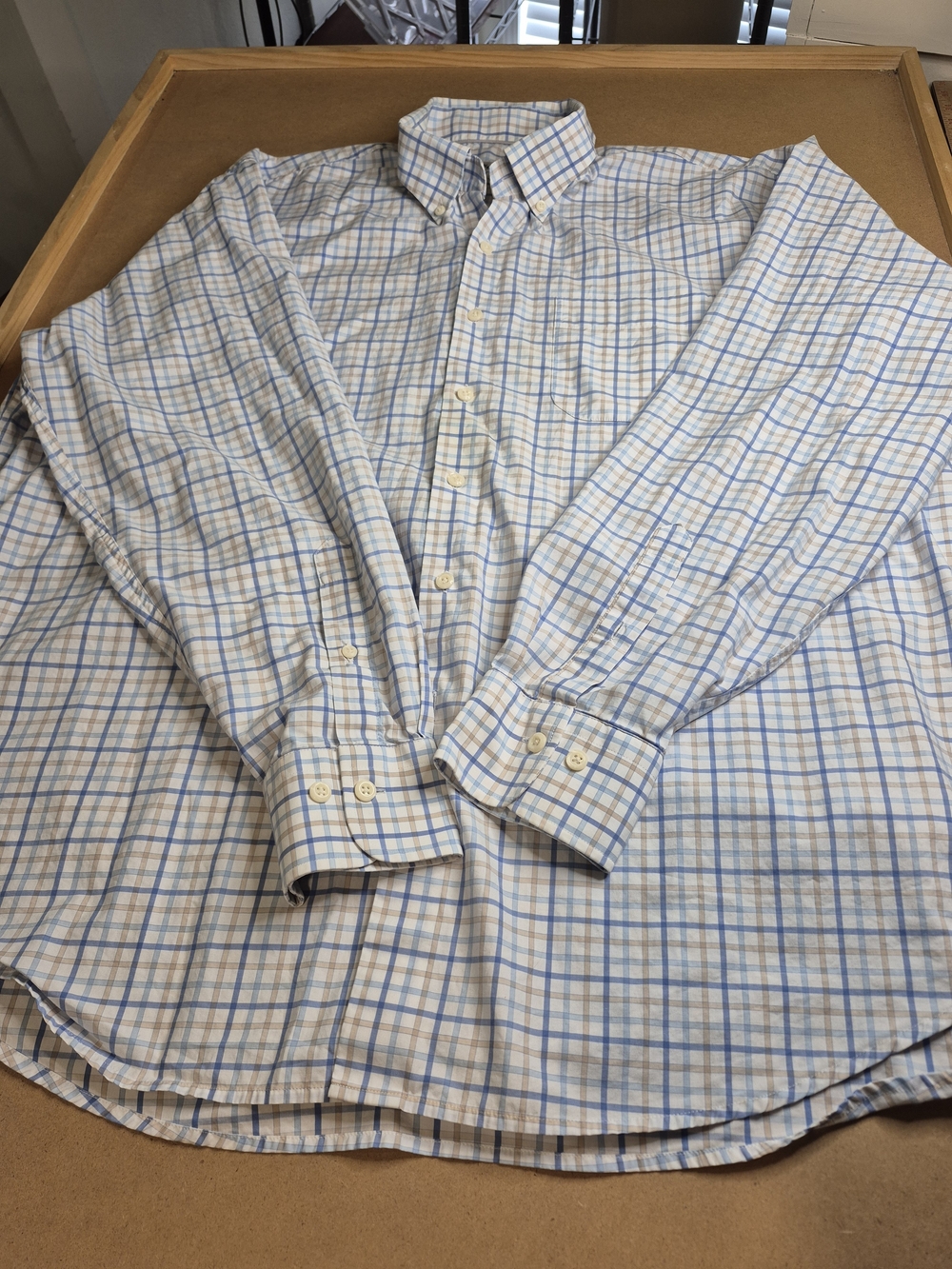Peter Millar Light Blue Tan and White Plaid Button-Down Shirt